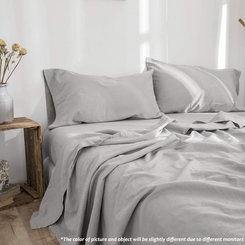 Simple&Opulence Belgian Linen Sheet Set Solid Color - 4 Pieces (1 Flat Sheet, 1 Fitted Sheet & 2 Pillowcases) Natural Flax Cotton Blend Soft Breathable Farmhouse Bedding - King Size, Grey - Image 5